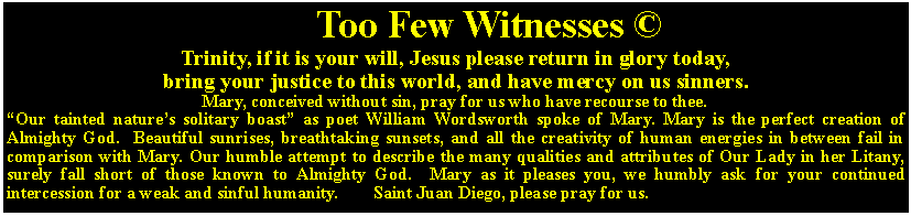 Text Box:                Too Few Witnesses ©Trinity, if it is your will, Jesus please return in glory today,bring your justice to this world, and have mercy on us sinners.Mary, conceived without sin, pray for us who have recourse to thee.“Our tainted nature’s solitary boast” as poet William Wordsworth spoke of Mary. Mary is the perfect creation of Almighty God.  Beautiful sunrises, breathtaking sunsets, and all the creativity of human energies in between fail in comparison with Mary. Our humble attempt to describe the many qualities and attributes of Our Lady in her Litany, surely fall short of those known to Almighty God.  Mary as it pleases you, we humbly ask for your continued intercession for a weak and sinful humanity.        Saint Juan Diego, please pray for us.